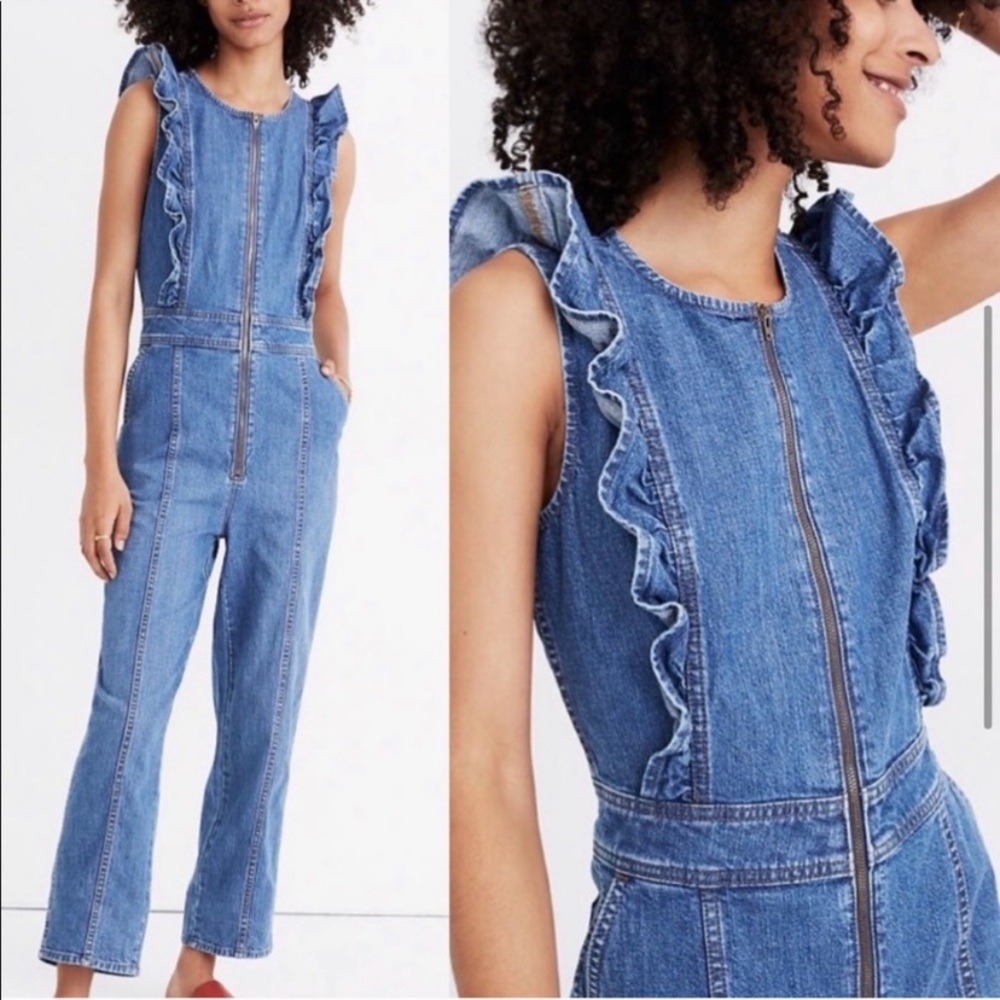 Madewell Denim Ruffle Zip Front Jumpsuit